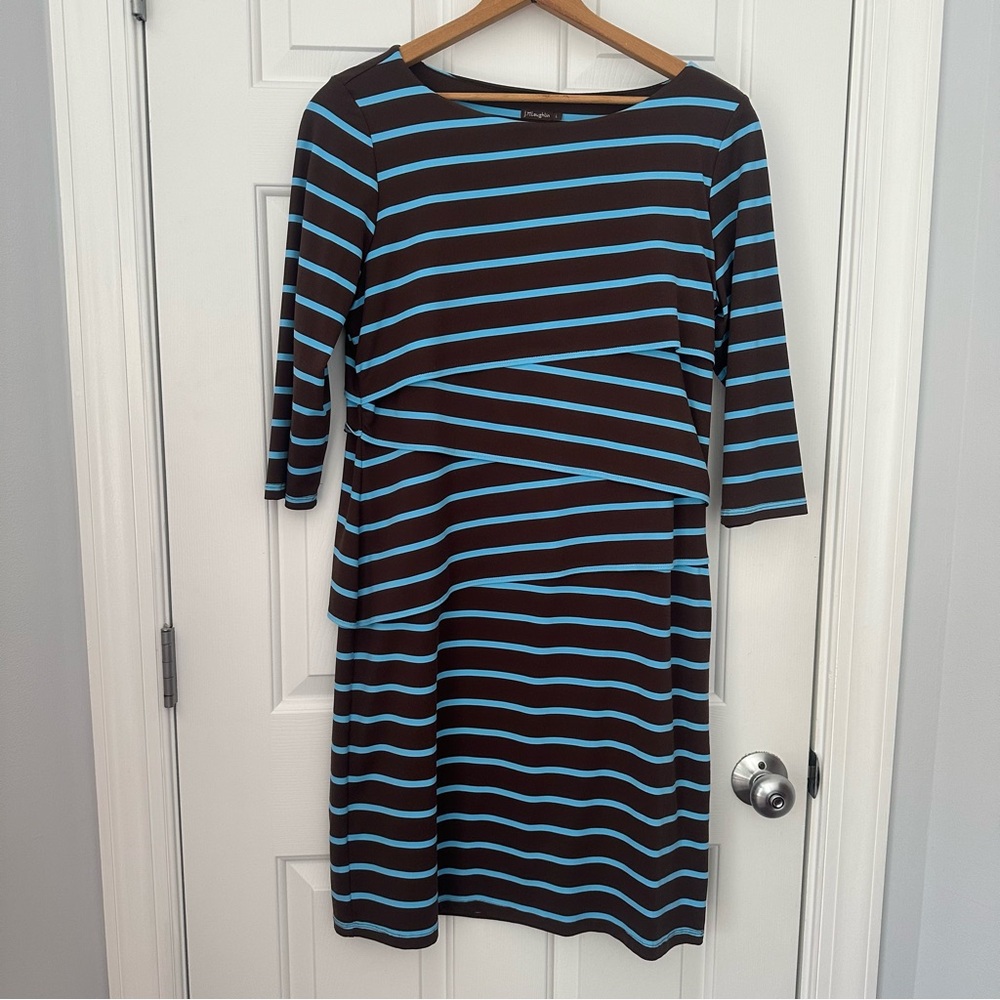 J. McLaughlin Nicola Dress Tiered Stripe Brown Blue 3/4 Sleeve Catalina Sz L